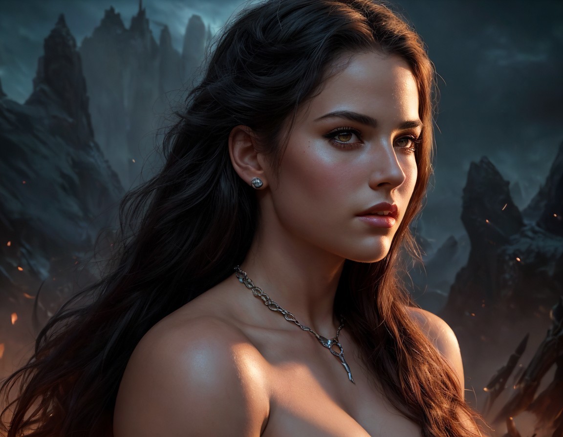 Digital Artwork of Woman with Green Eyes at Dusk