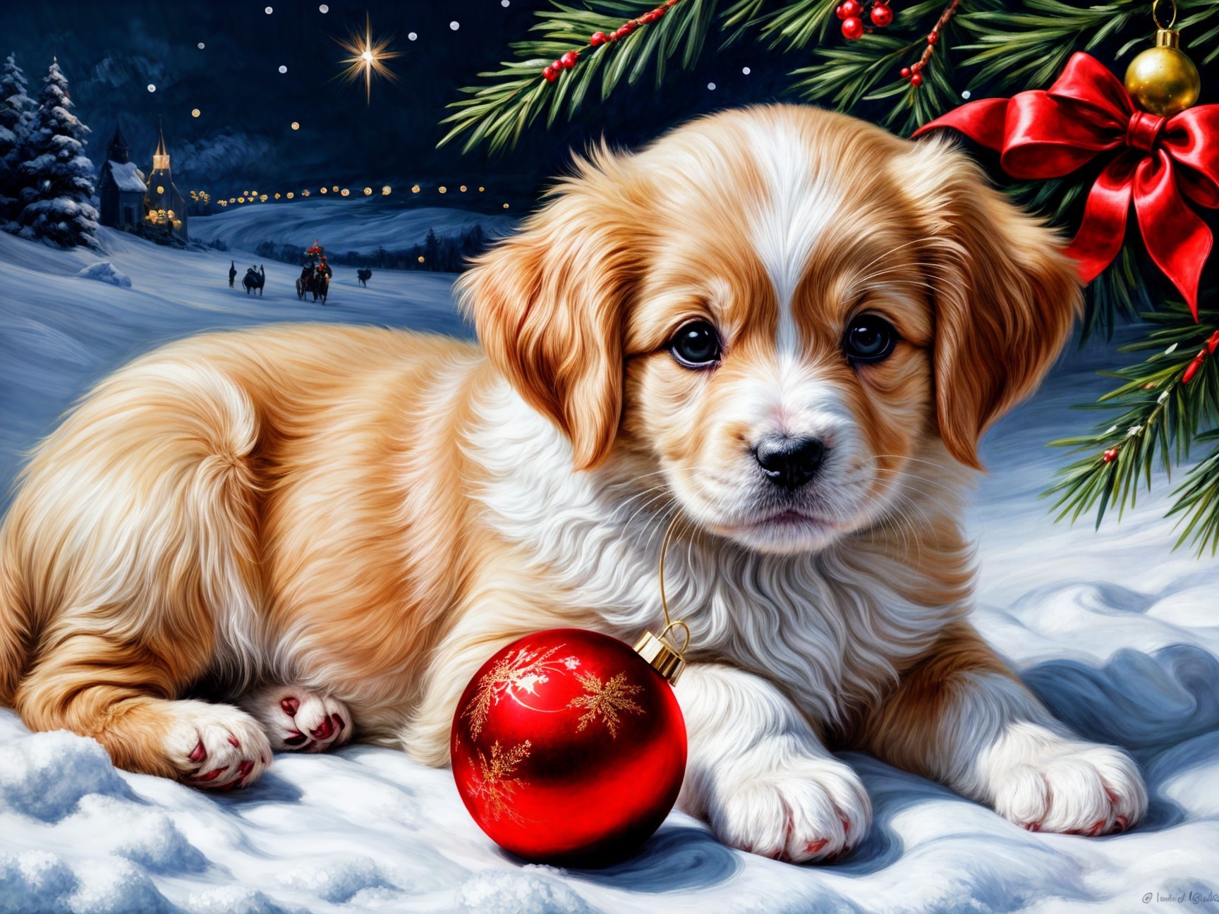 Puppy in Snowy Winter Wonderland with Holiday Decor