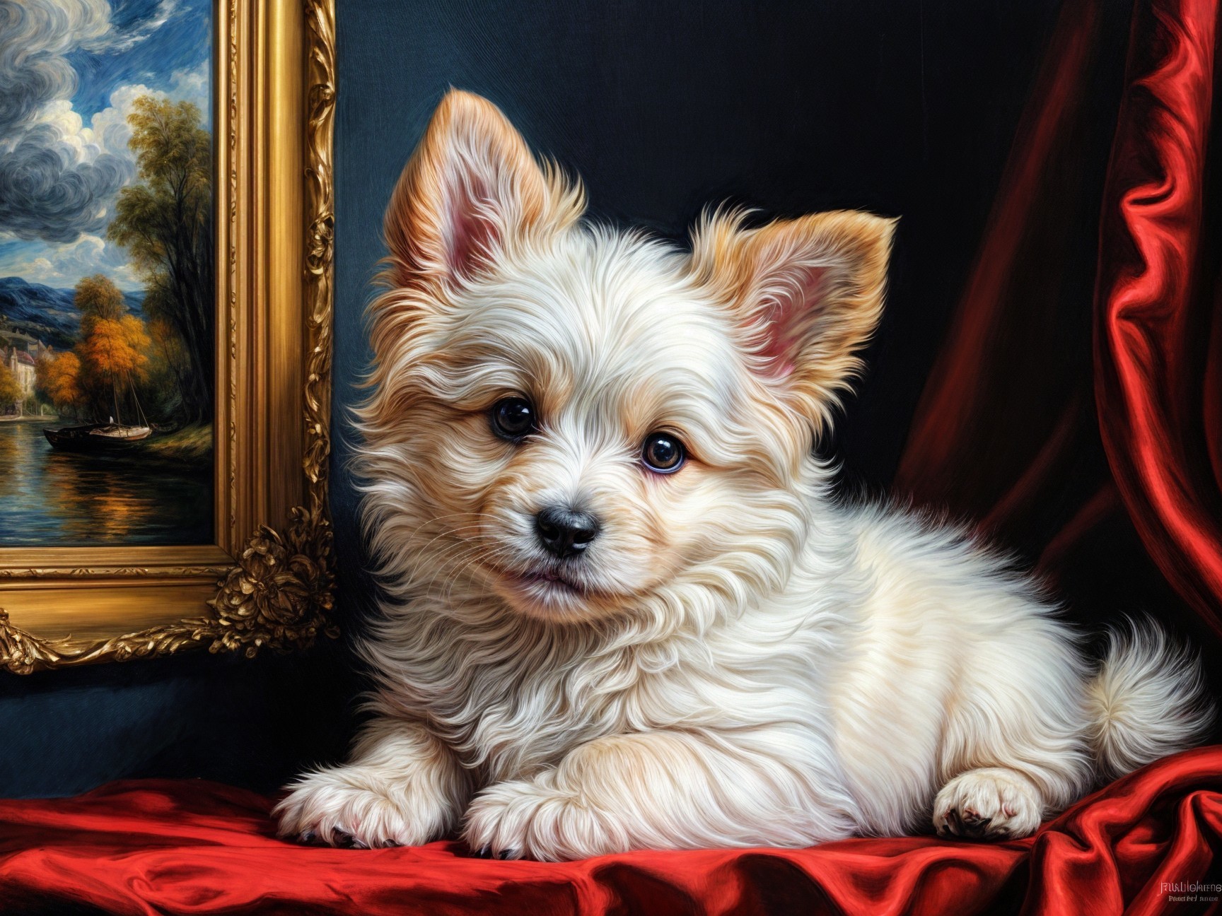 Cream-colored puppy on red drapery with painting backdrop