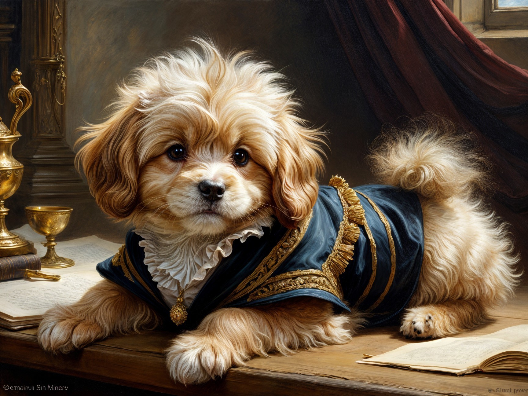 Fluffy Dog in Regal Coat on Wooden Table Setting