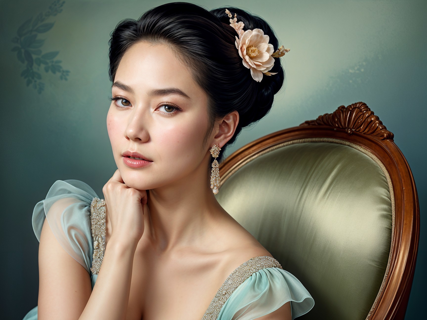 Elegant Woman in Pastel Gown with Floral Background
