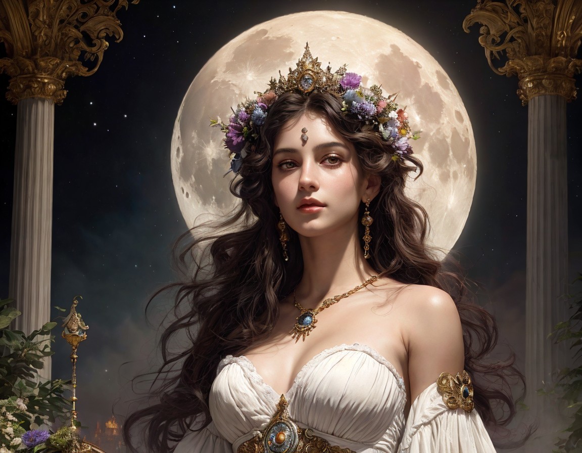 Elegant woman with floral crown and intricate jewelry under full moon and golden structures