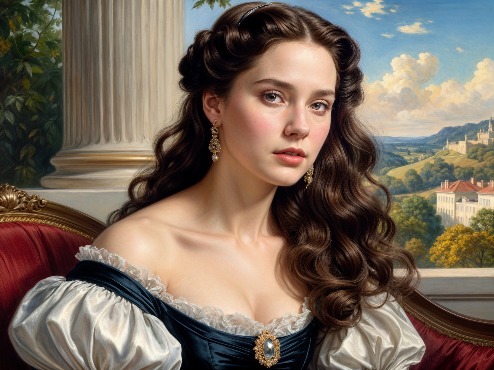 Elegant woman in ornate gown in a scenic setting