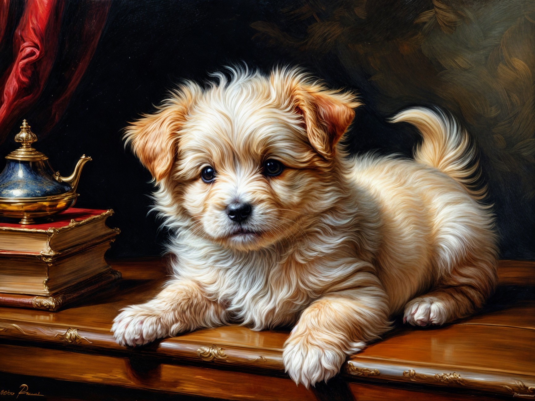 Fluffy Cream-Colored Puppy on Wooden Table with Teapot