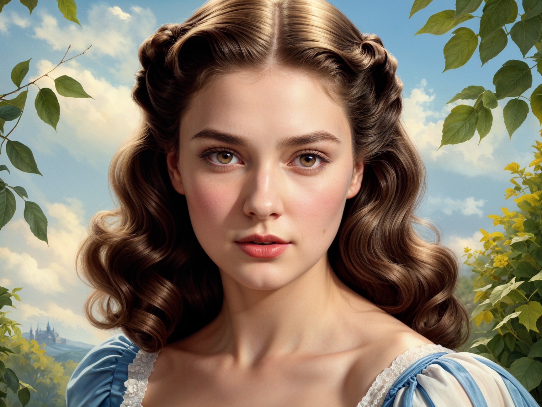 Young woman in vintage blouse amidst lush greenery