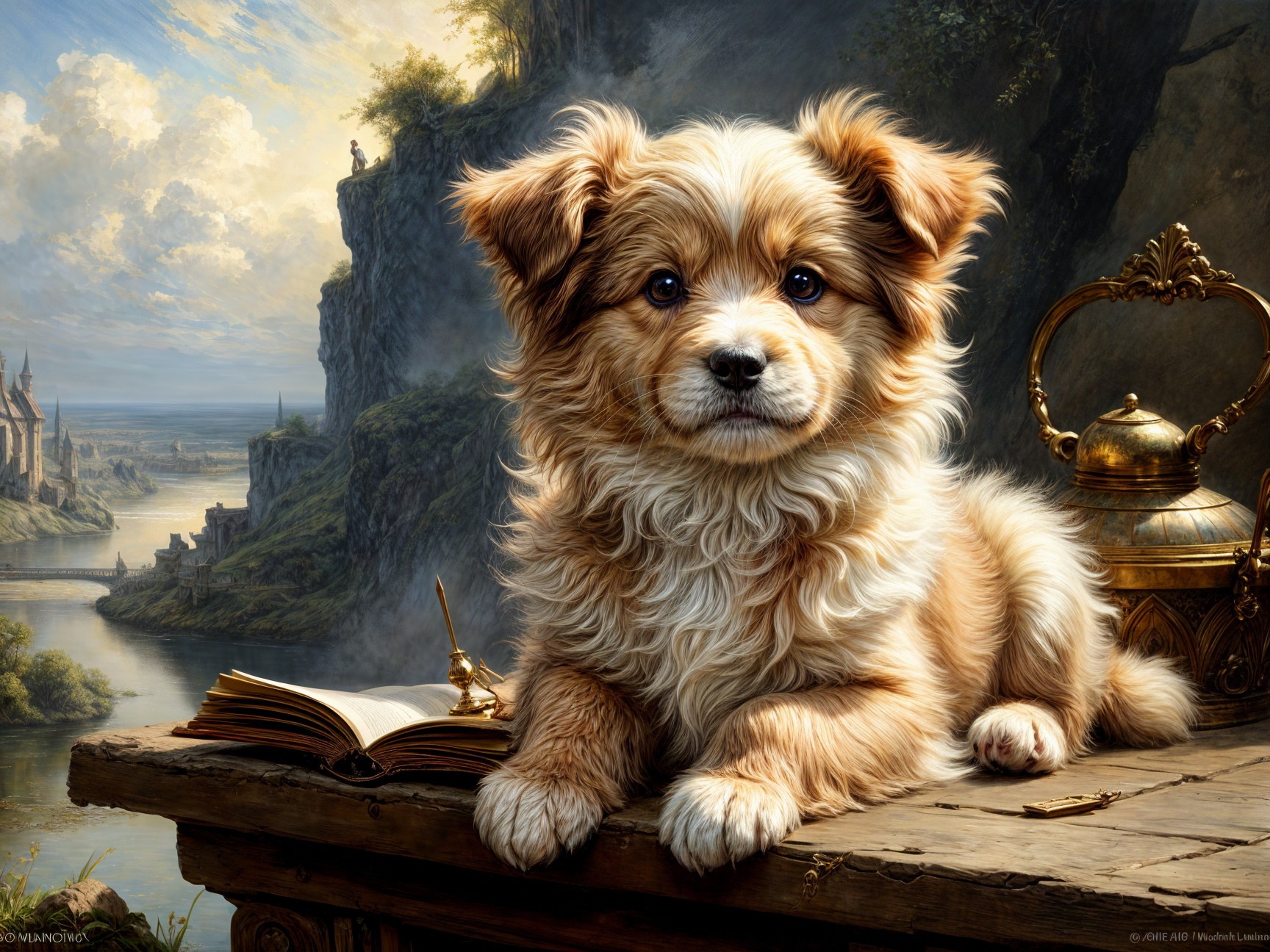Fluffy light brown puppy on rustic table with landscape