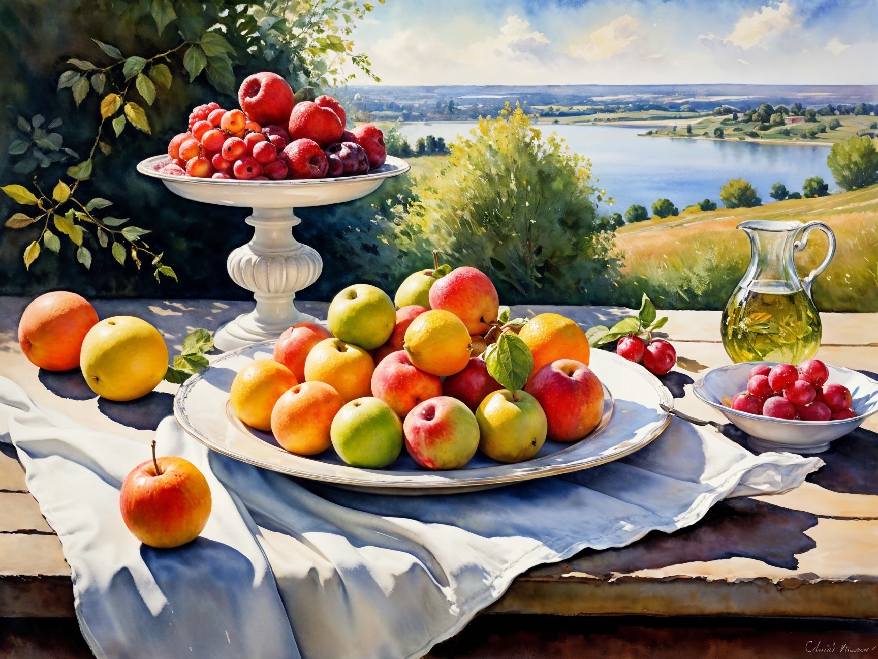 Vibrant Still Life of Fresh Fruits and Scenic Background