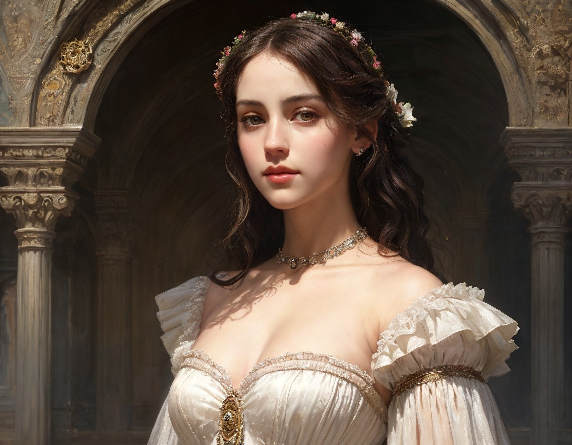 Elegant Young Woman in Ornate Setting with Gown
