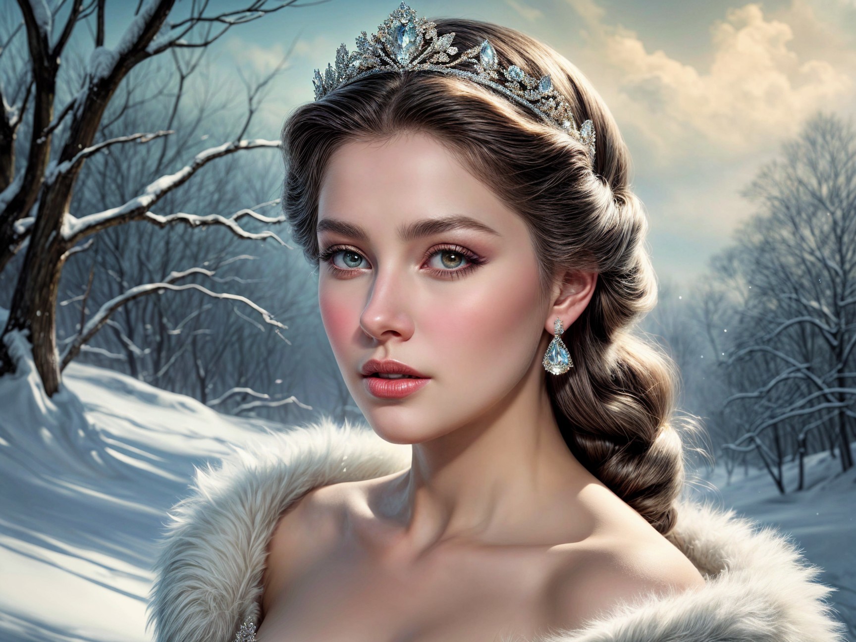 Regal Young Woman in Snowy Landscape with Tiara