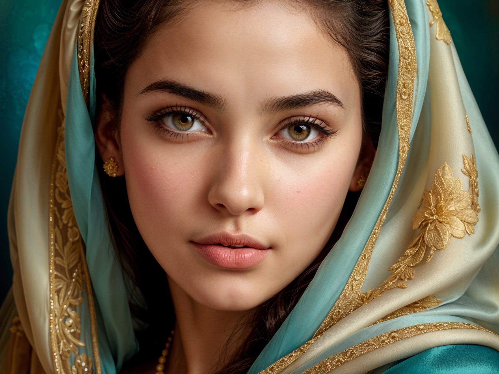 Portrait of a Young Woman with Green Eyes and Shawl