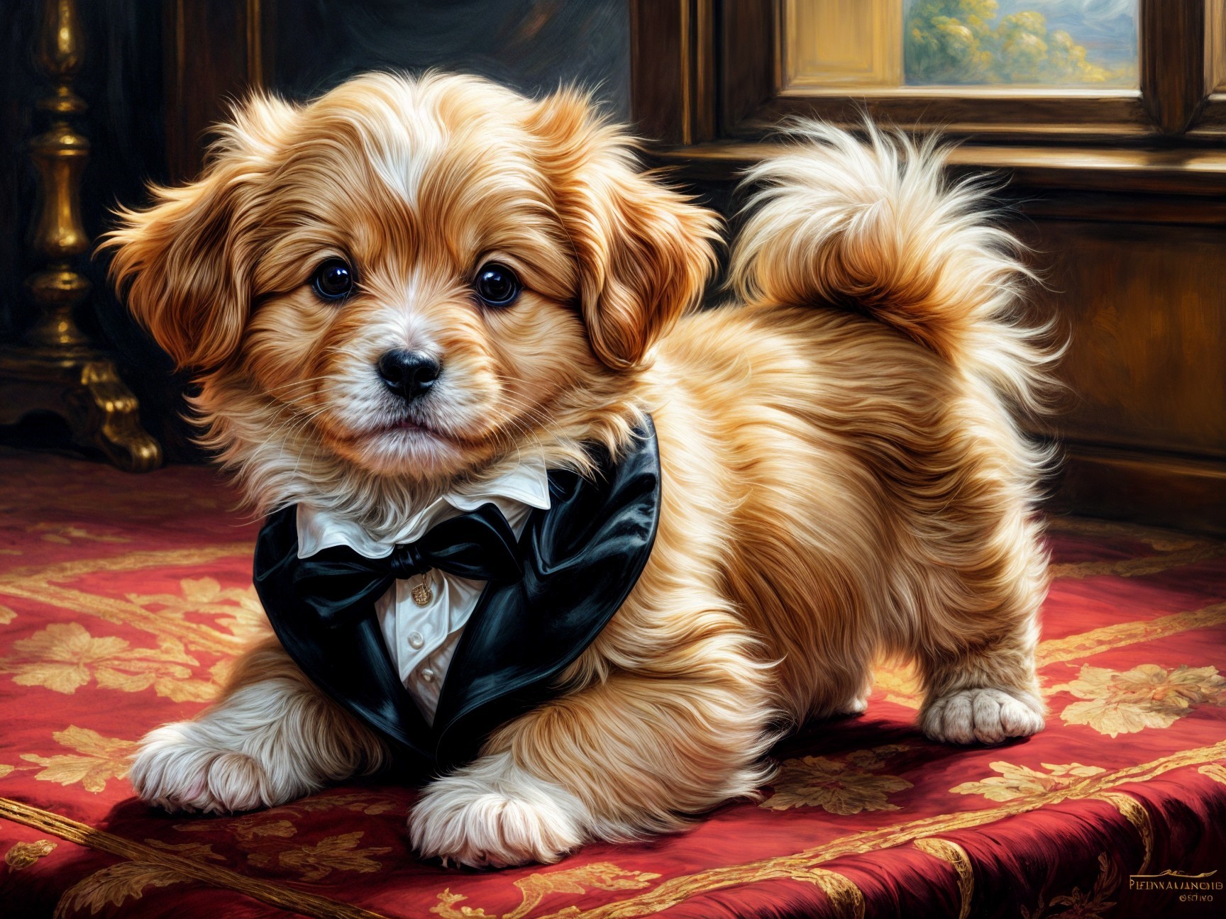 Fluffy Caramel Puppy on Ornate Red Rug with Bow Tie
