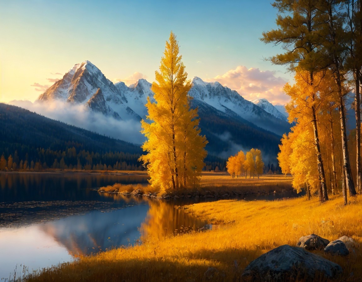 Autumn scene: Golden trees, calm lake, cloudy mountains at sunset