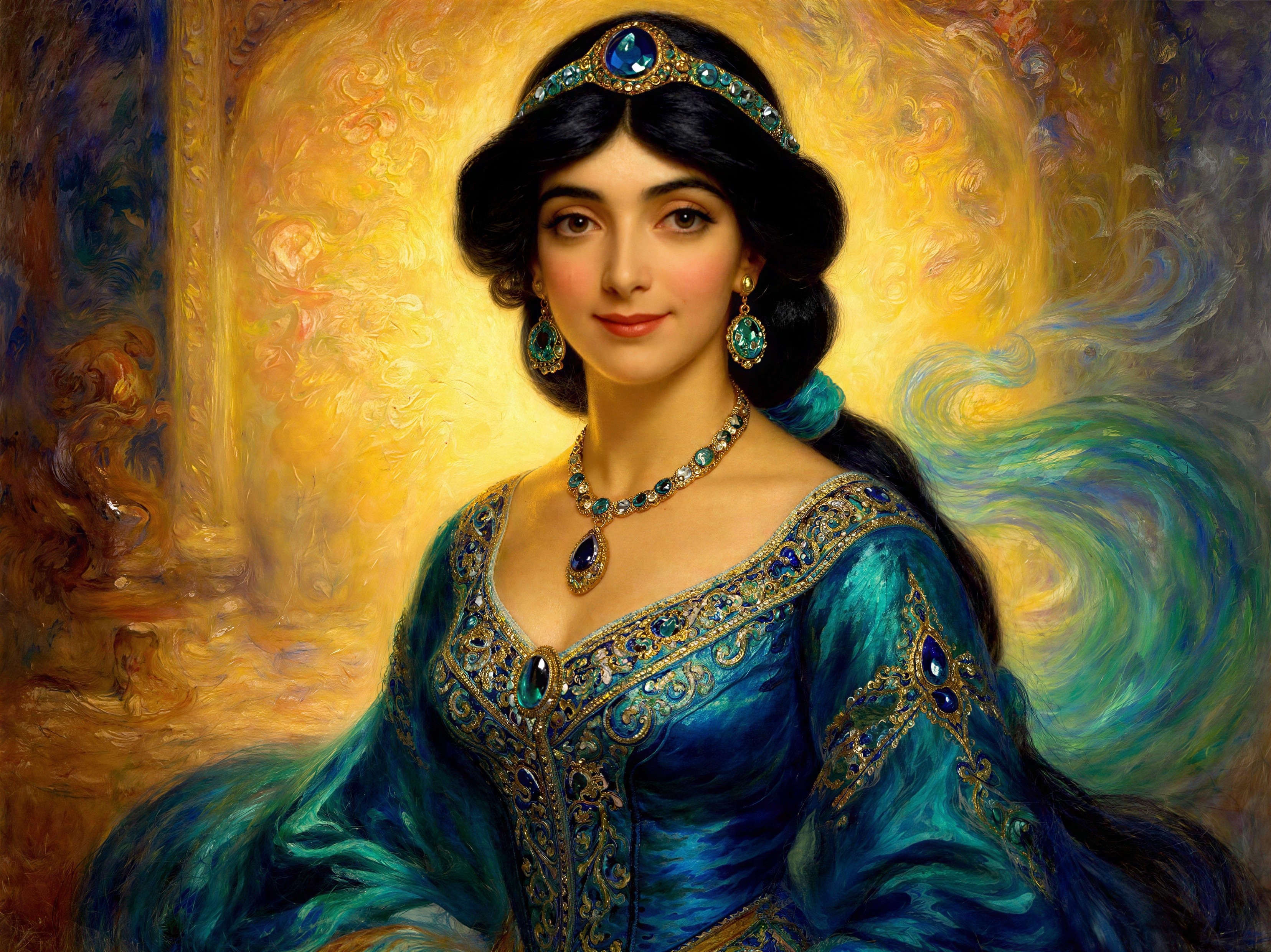 Detailed Oil Painting of Princess Jasmine in Teal Dress