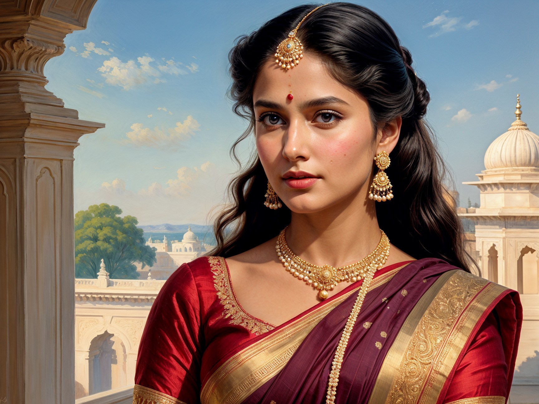 Traditional Saree in Maroon and Gold with Jewelry