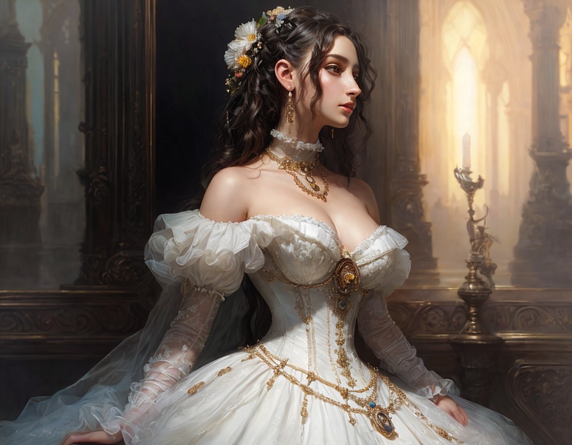 Elegant Woman in Ornate White Dress in Opulent Room