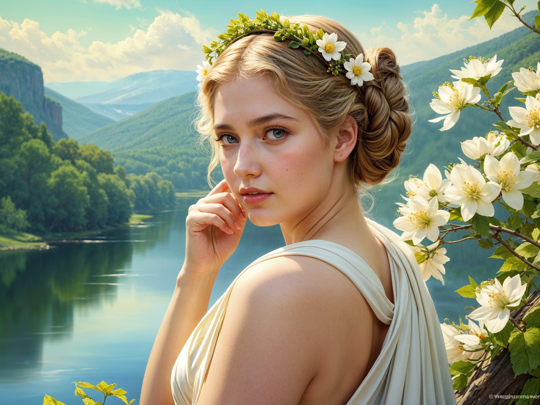 Young woman in floral crown by tranquil river and mountains
