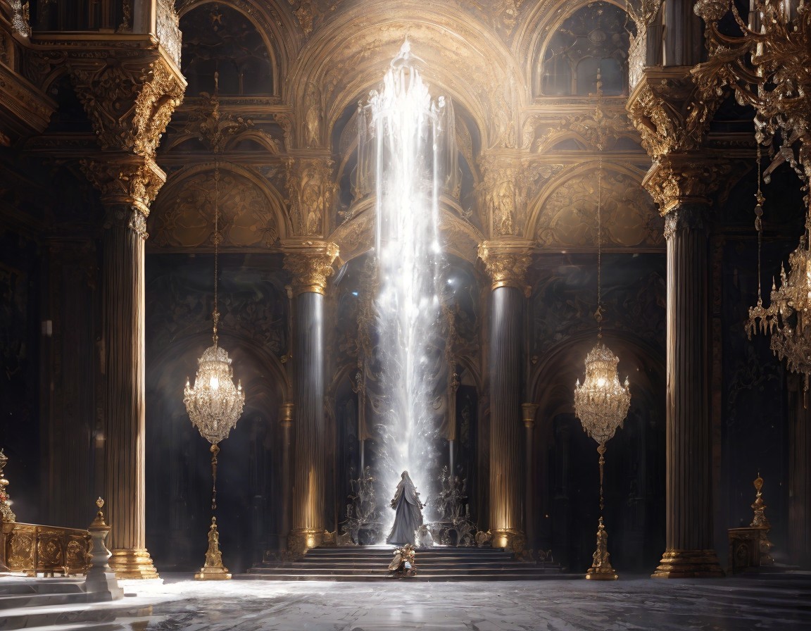 Gothic hall with golden details and crystal chandeliers