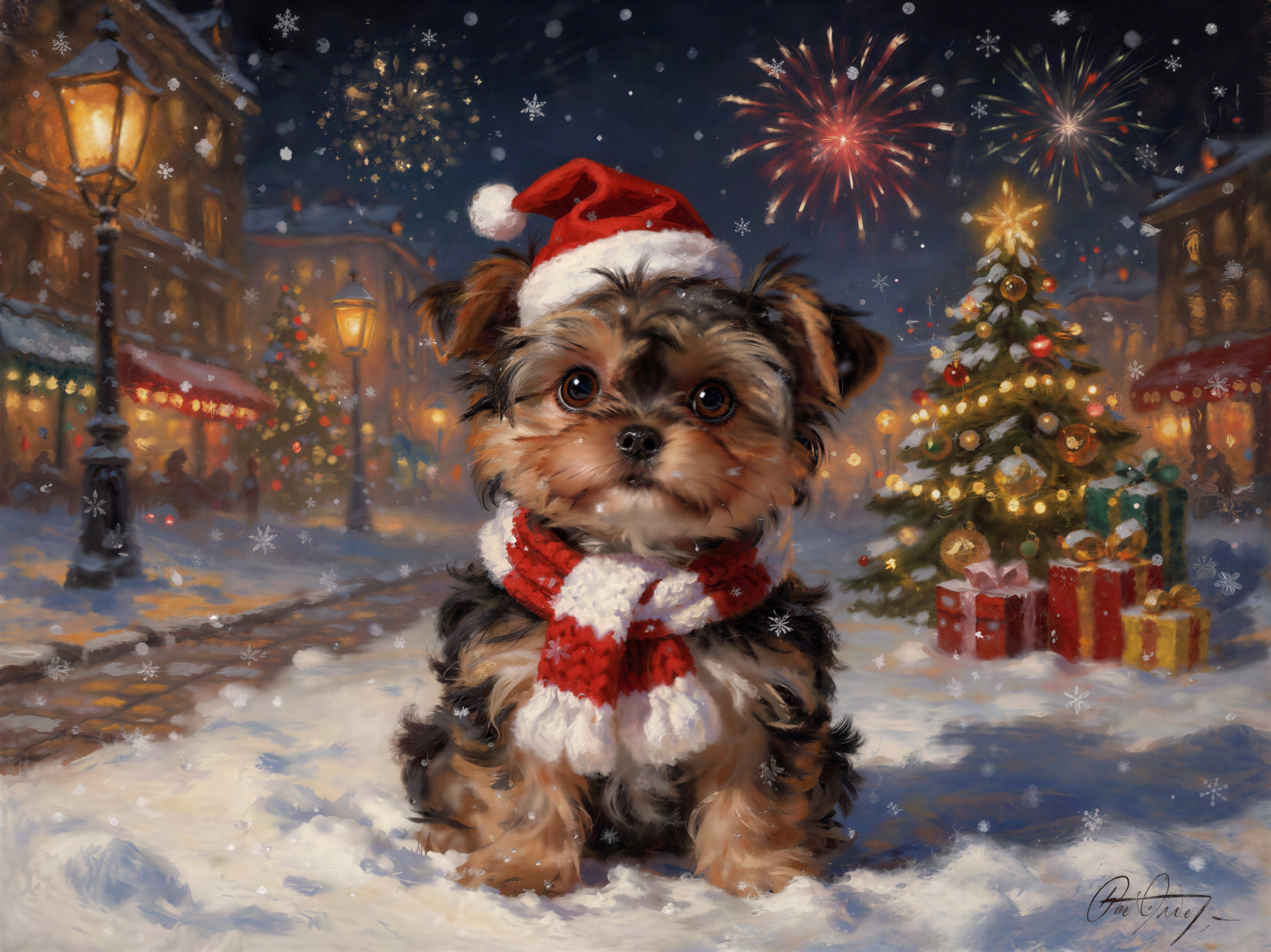 Yorkshire Terrier Puppy in Santa Hat on Snowy Road
