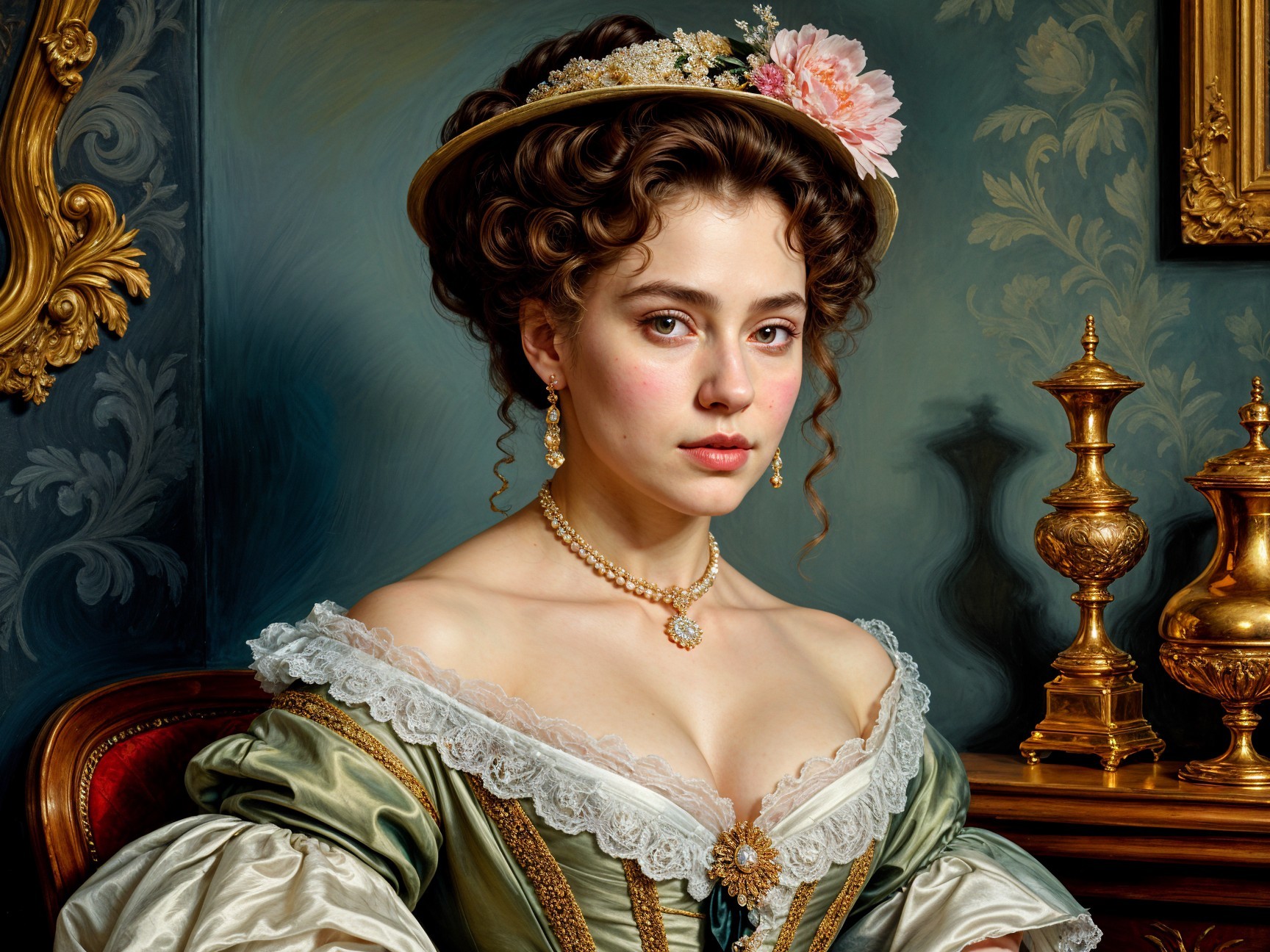 Young Woman in Elegant Historical Attire with Lace