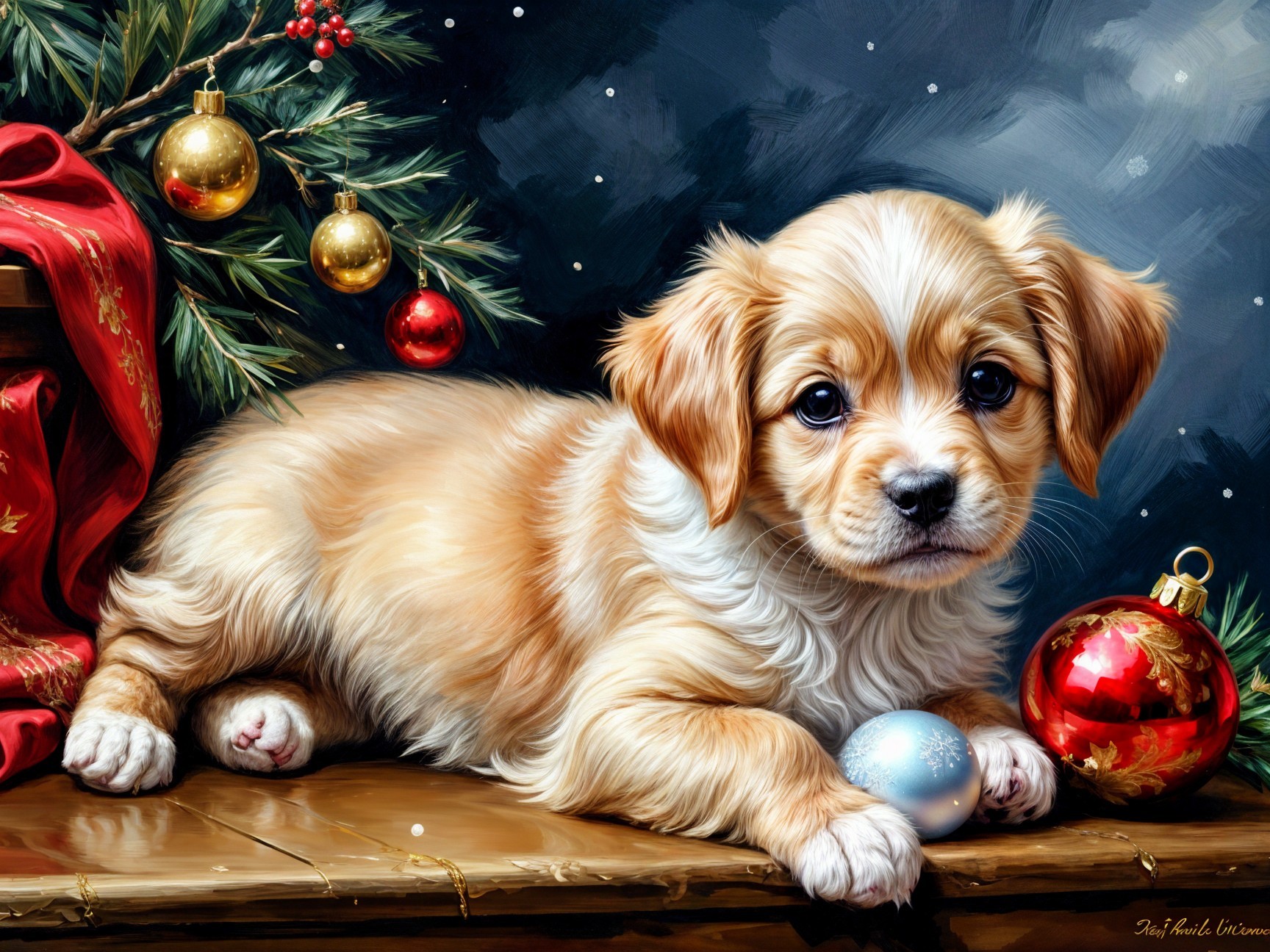 Fluffy Golden Puppy Amidst Festive Holiday Decor