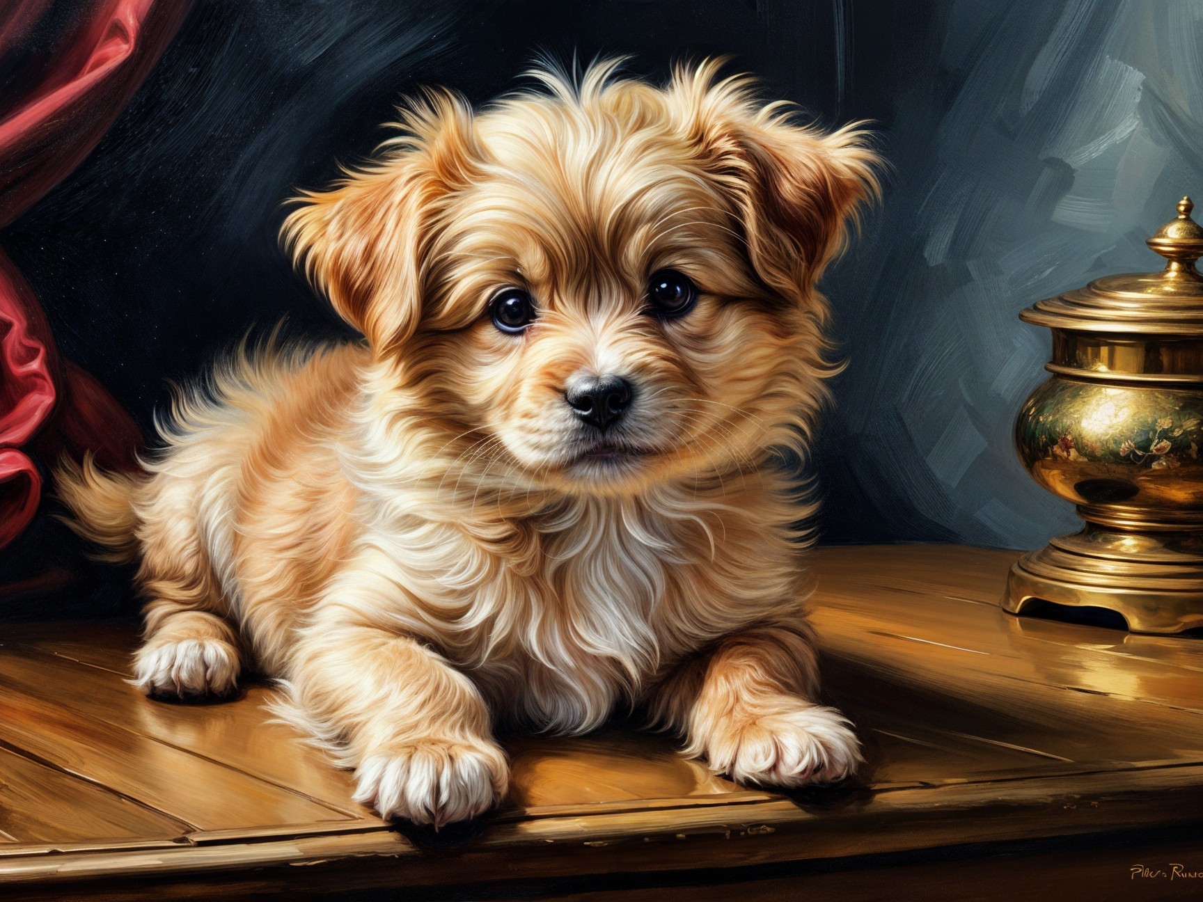 Golden-brown puppy resting on wooden surface with decor