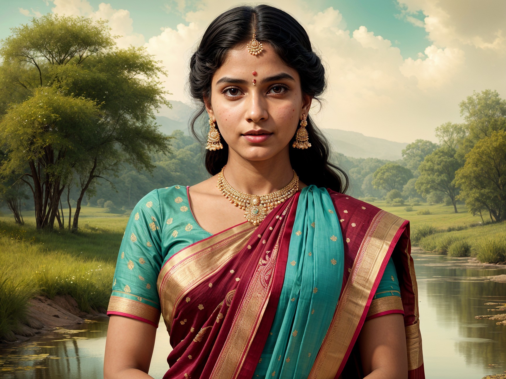 Young Woman in Traditional Saree by Serene River