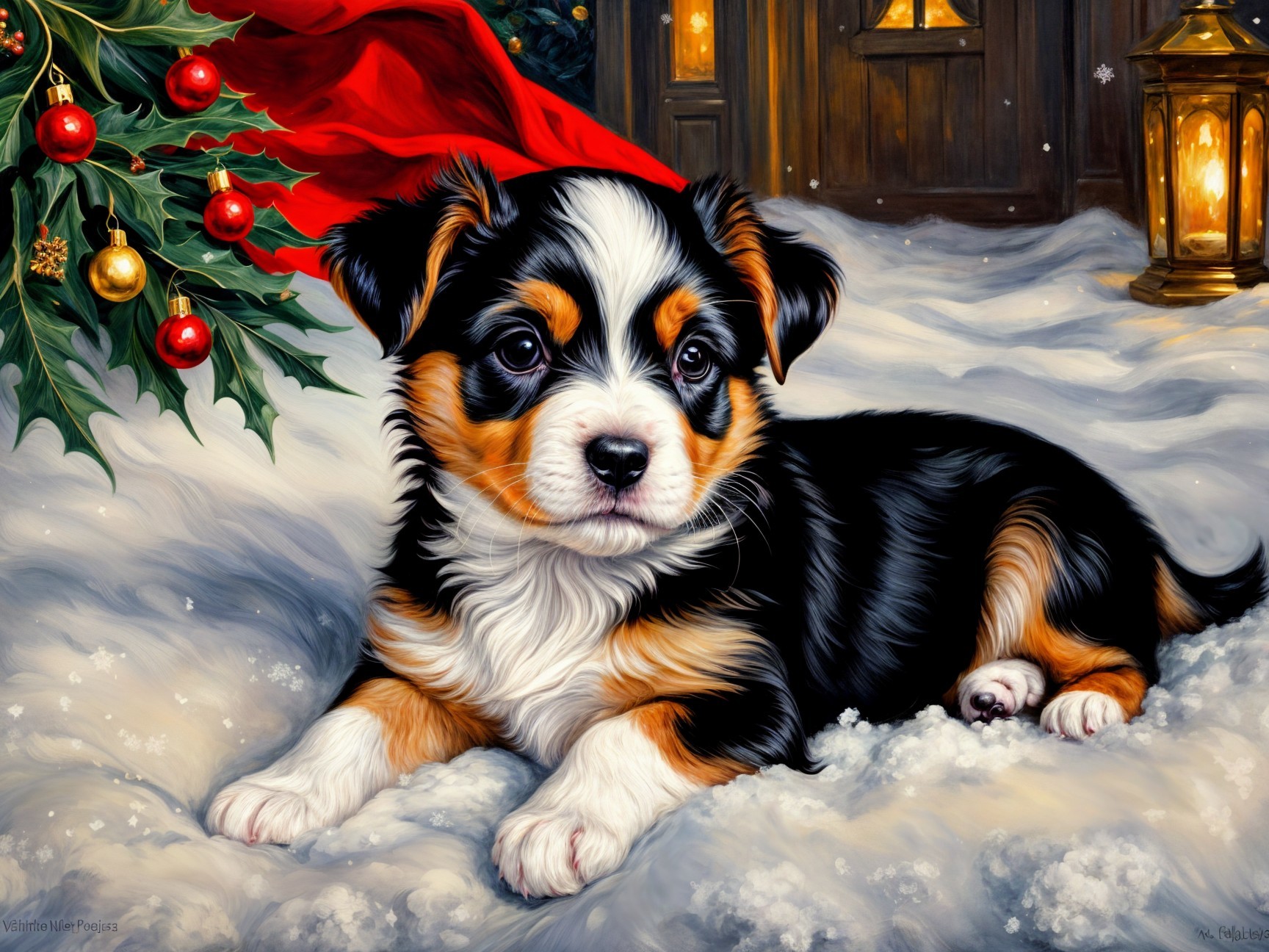 Tri-Color Puppy in a Festive Winter Wonderland