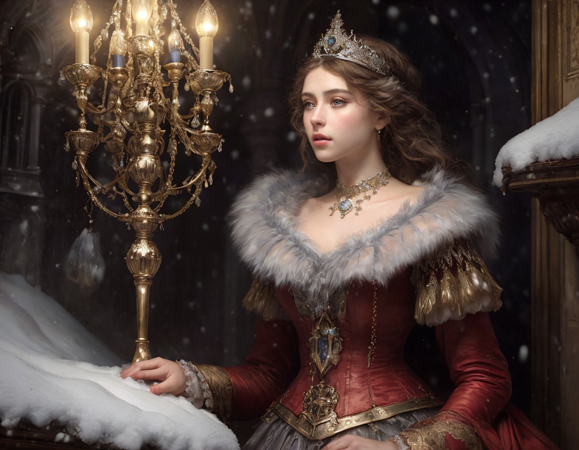 Regal woman in red gown and tiara near golden chandelier with snowflakes
