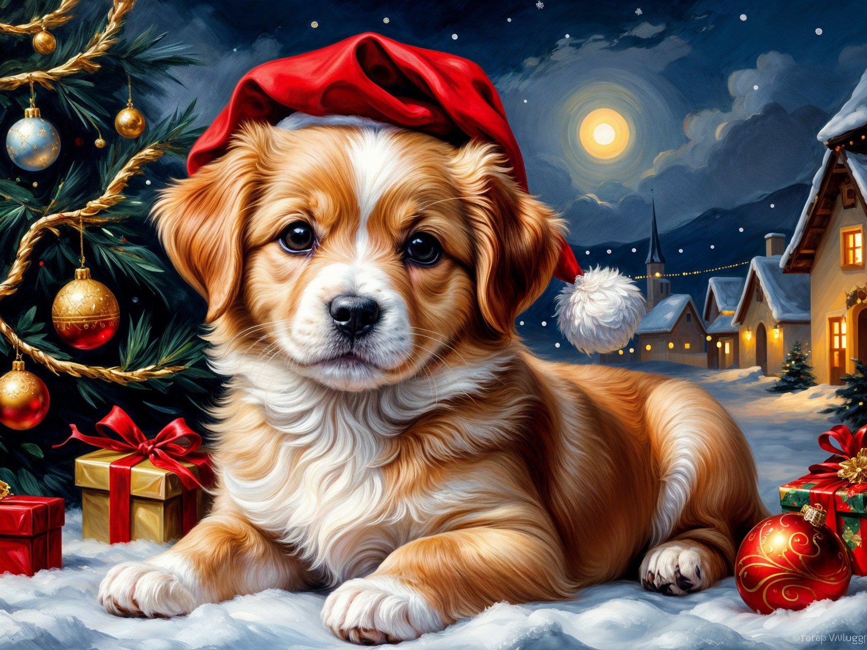 Puppy in Santa Hat Amidst Christmas Decorations