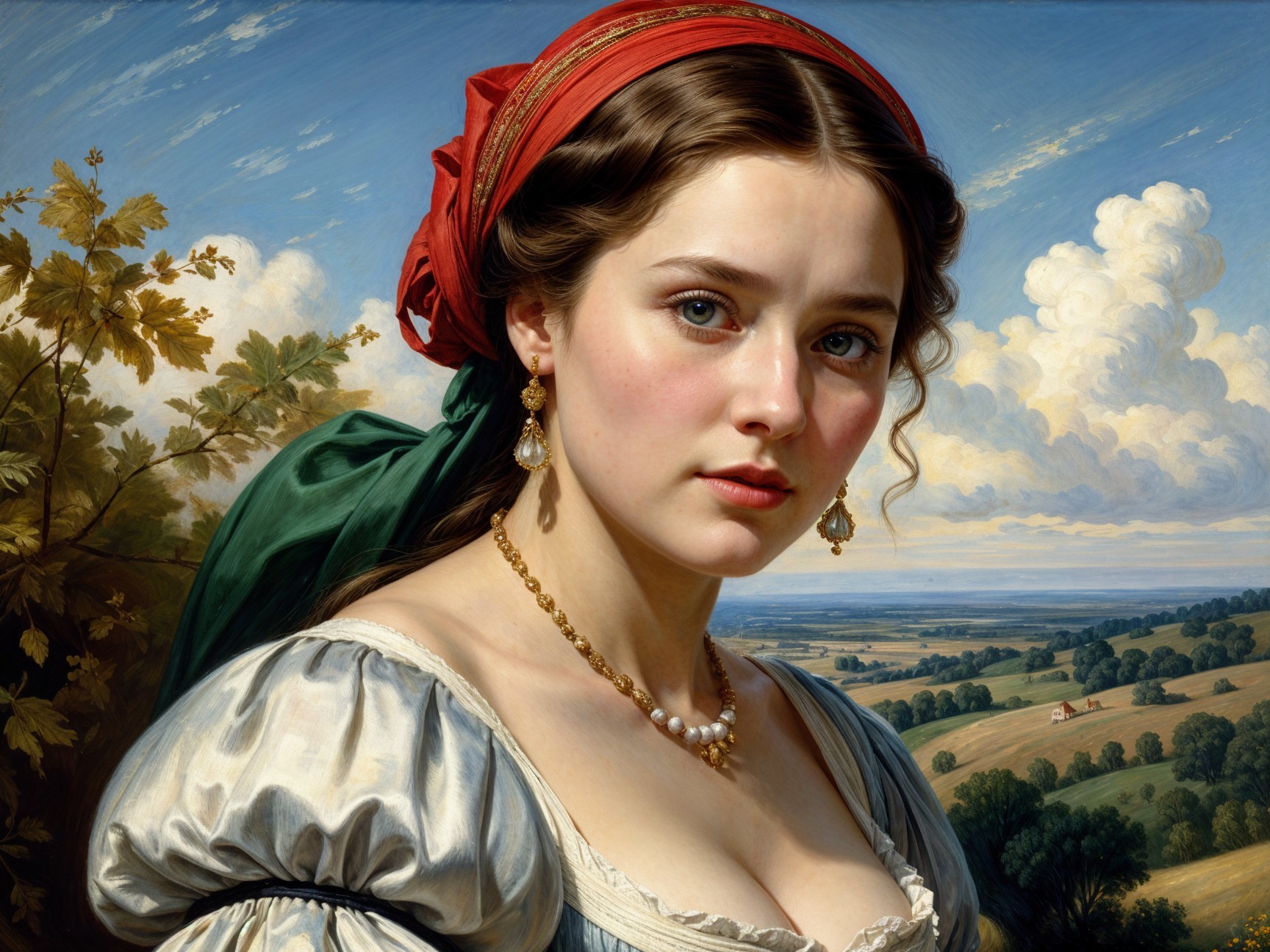Young Woman in Traditional Dress Against Scenic Landscape