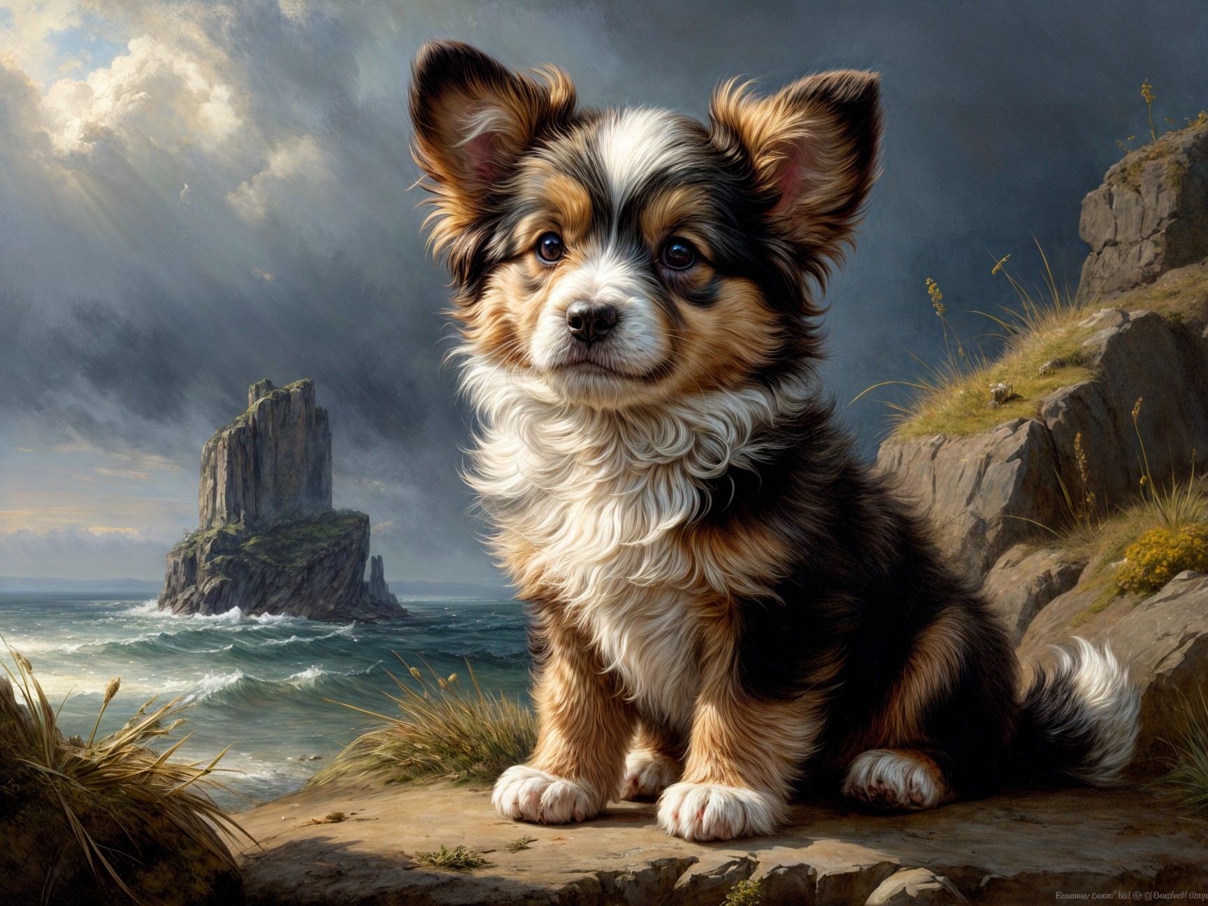 Fluffy Puppy on Rocky Shore with Seascape Background
