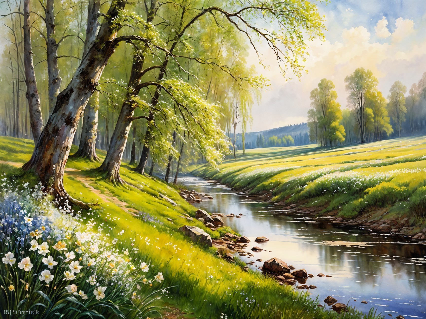 Springtime Landscape with River and Wildflowers