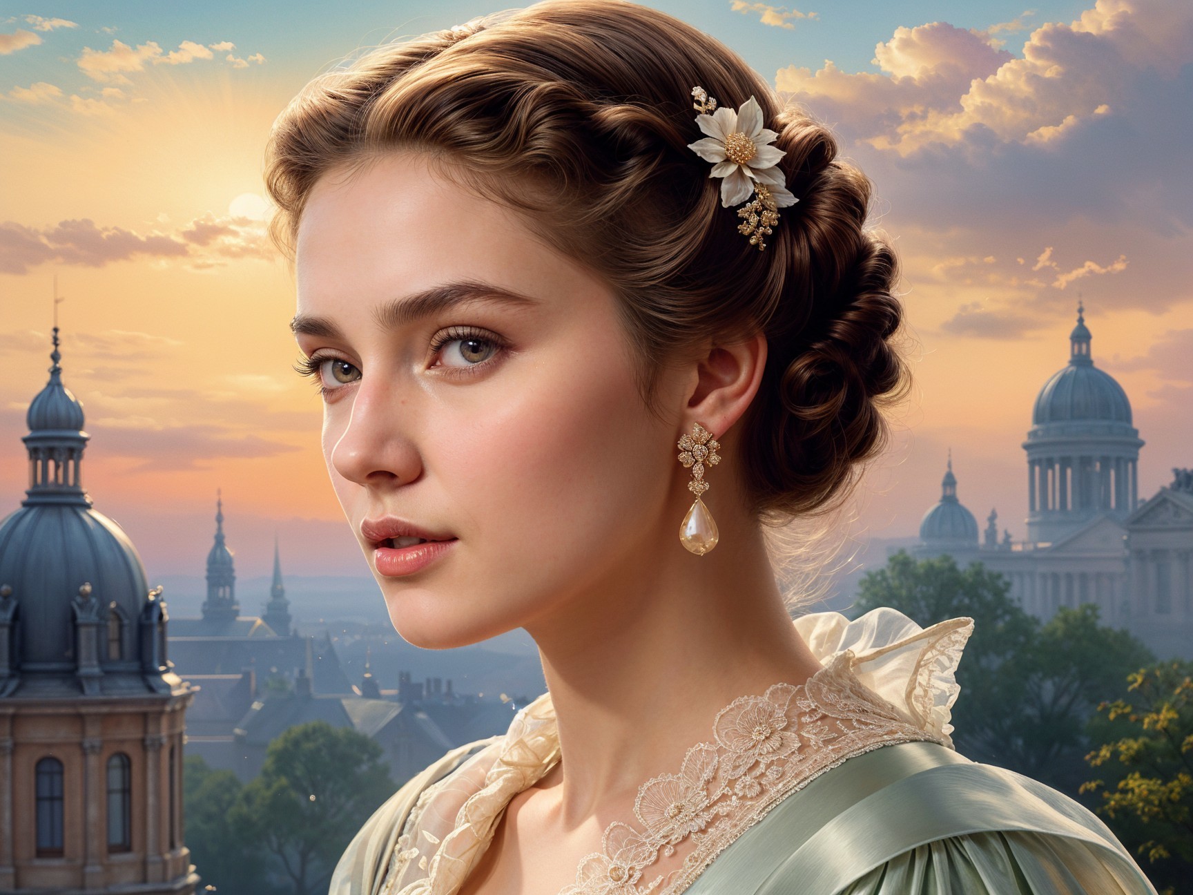 Young woman in elegant dress at sunset with historic backdrop