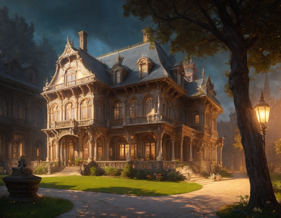 Victorian-style mansion illuminated at dusk with gardens