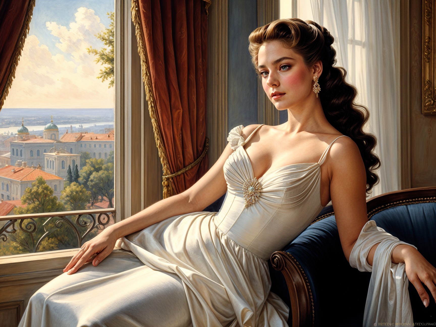 Elegant Woman in White Gown by Cityscape Window