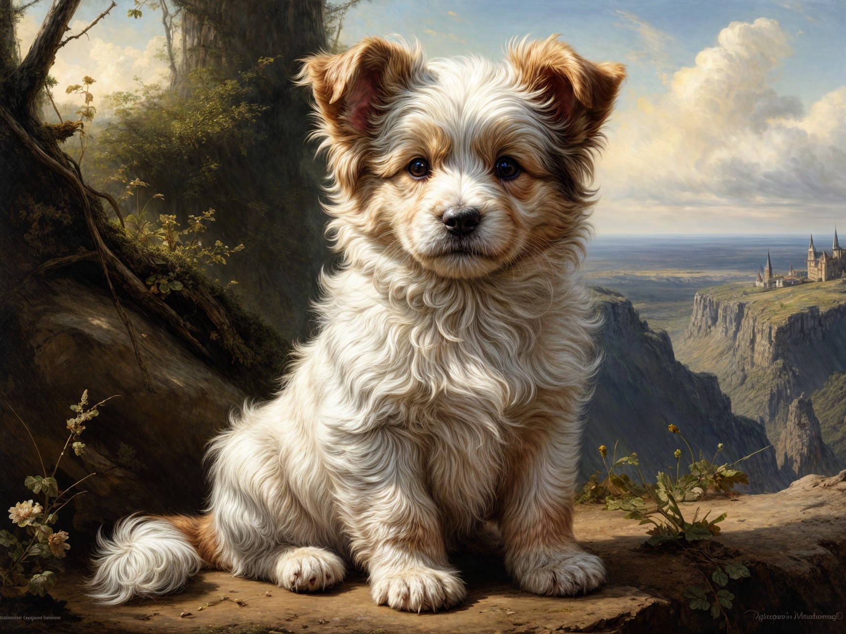Curly Light Brown Puppy on Rocky Ledge with Castle View
