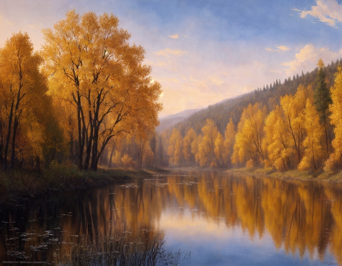 Autumn river landscape with golden trees and hazy sky