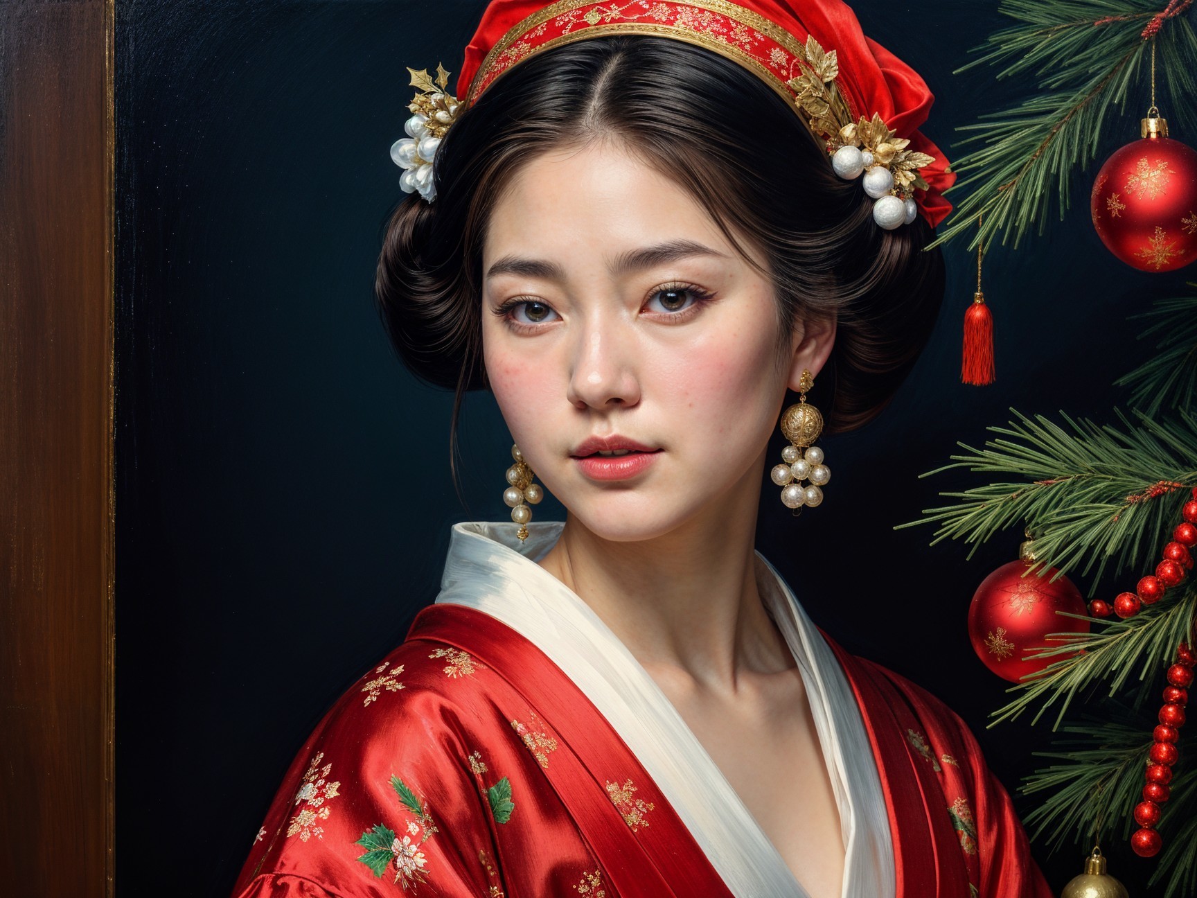 Young woman in vibrant red kimono with floral patterns