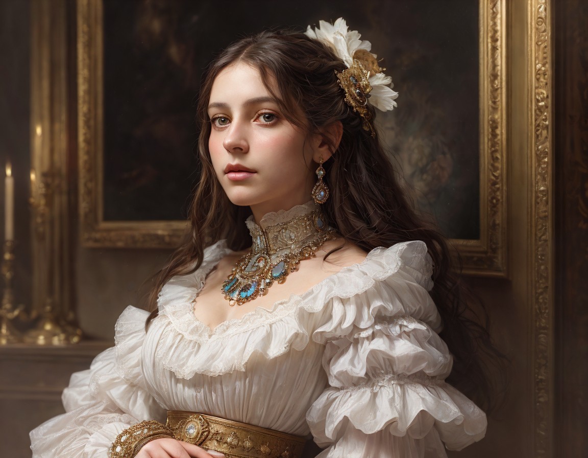 Young woman in vintage attire poses against classical paintings