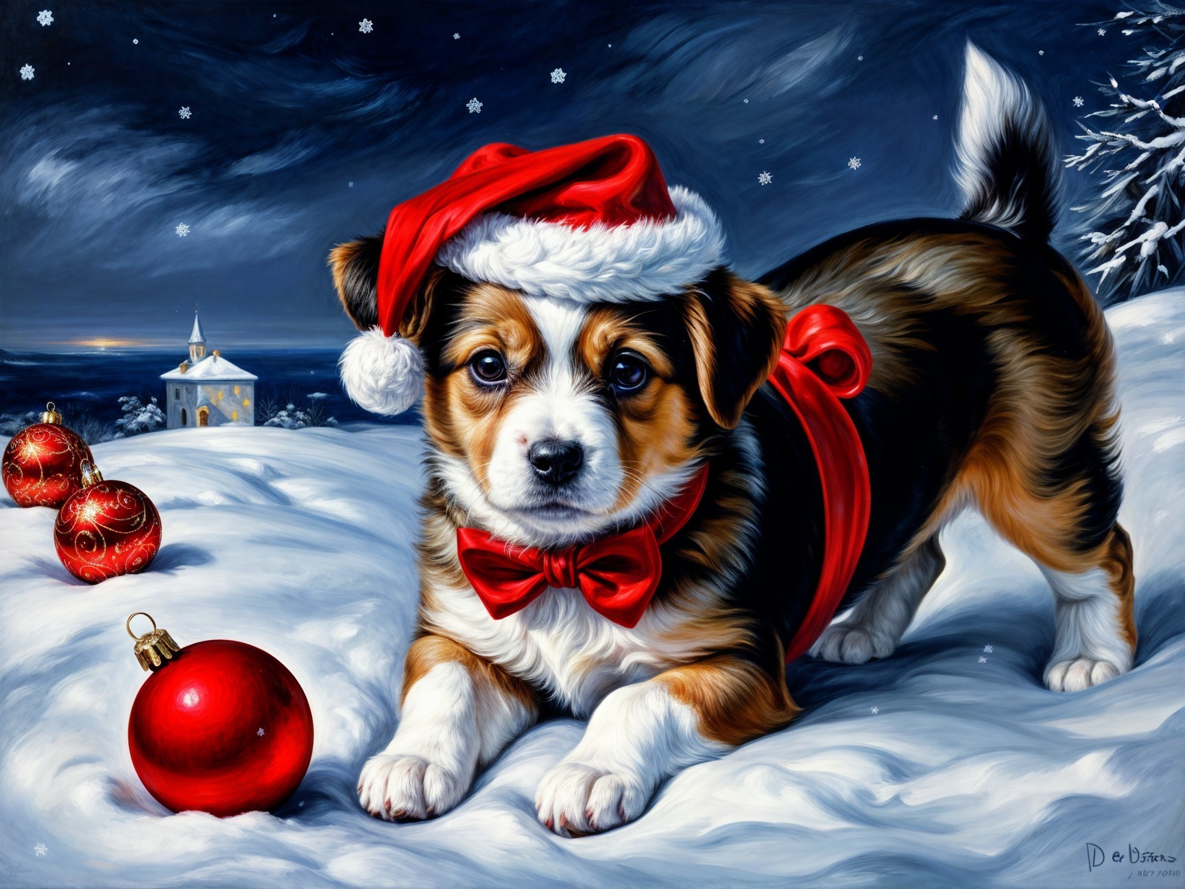 Playful puppy in festive attire in snowy landscape
