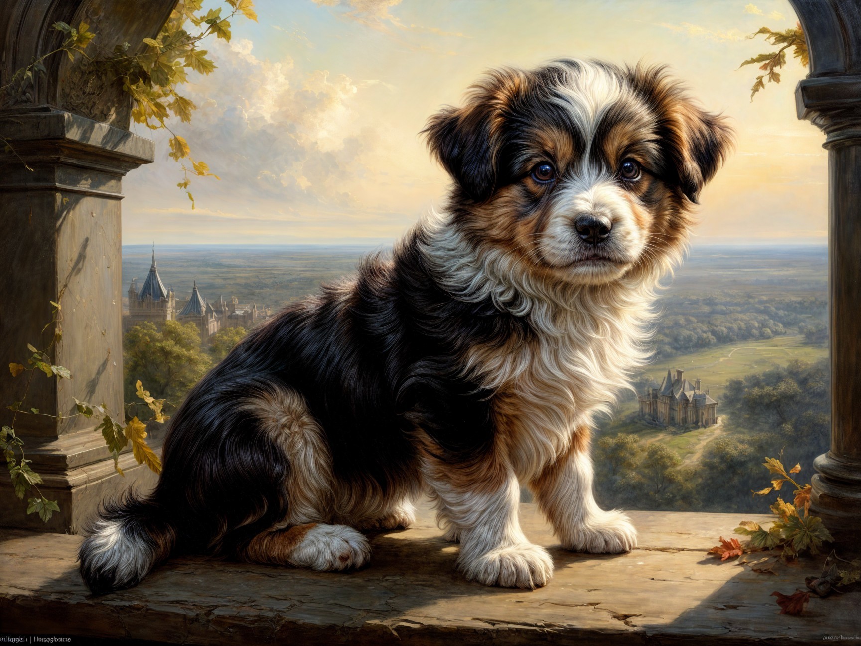 Puppy on Stone Ledge with Scenic Landscape View