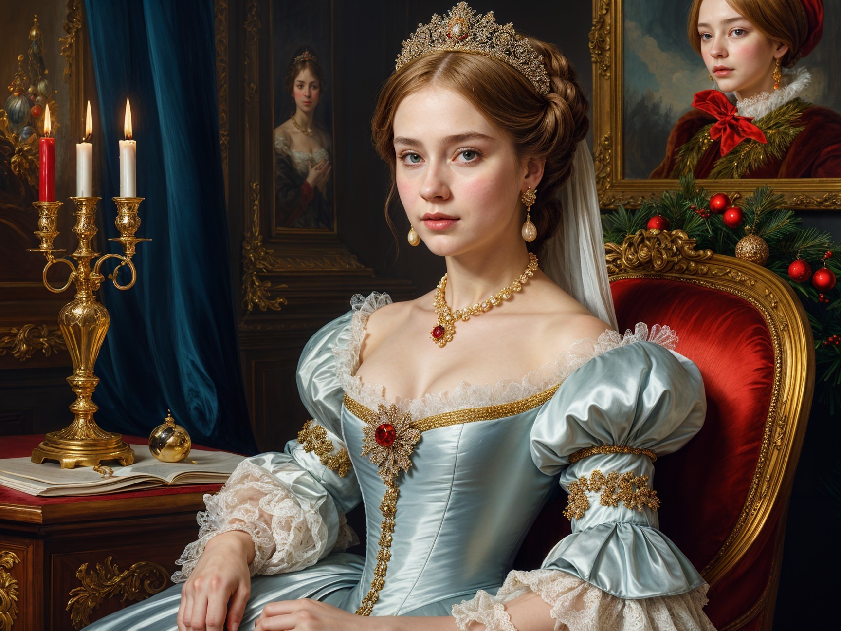 Young Woman in Blue Gown in Opulent Setting