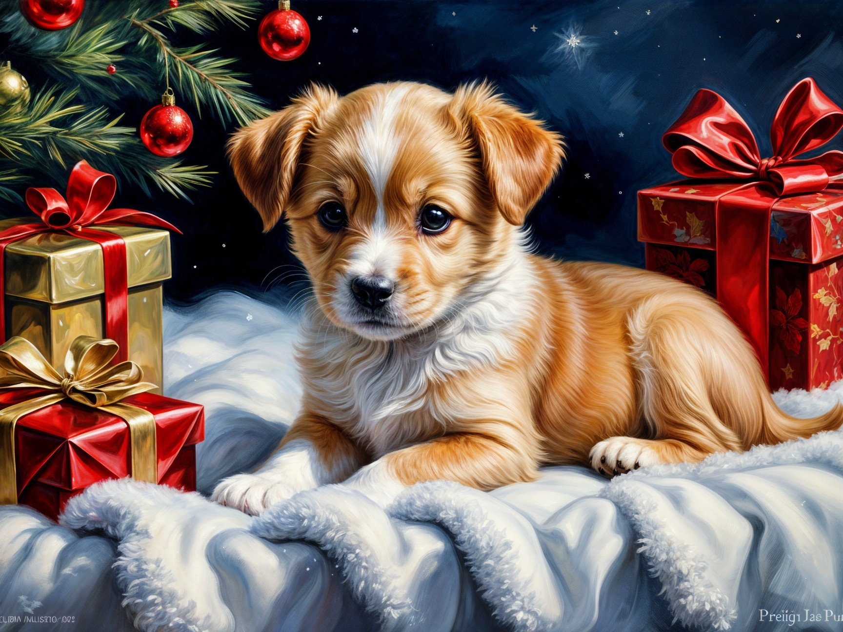 Fluffy Puppy on Cozy Blanket with Holiday Decorations