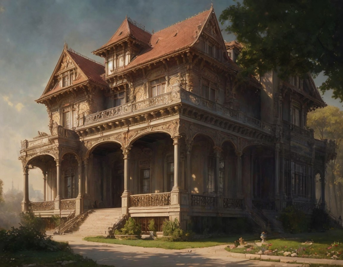 Intricate Mansion Surrounded by Lush Greenery and Garden