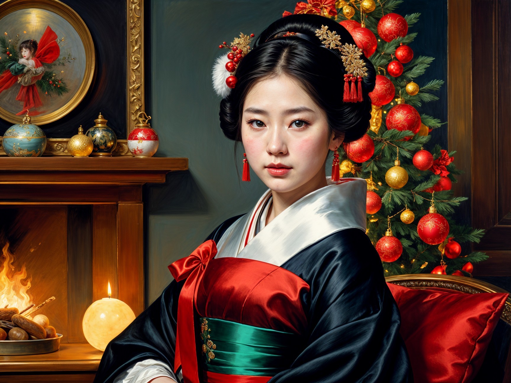 Young Woman in Kimono Amid Festive Holiday Decor