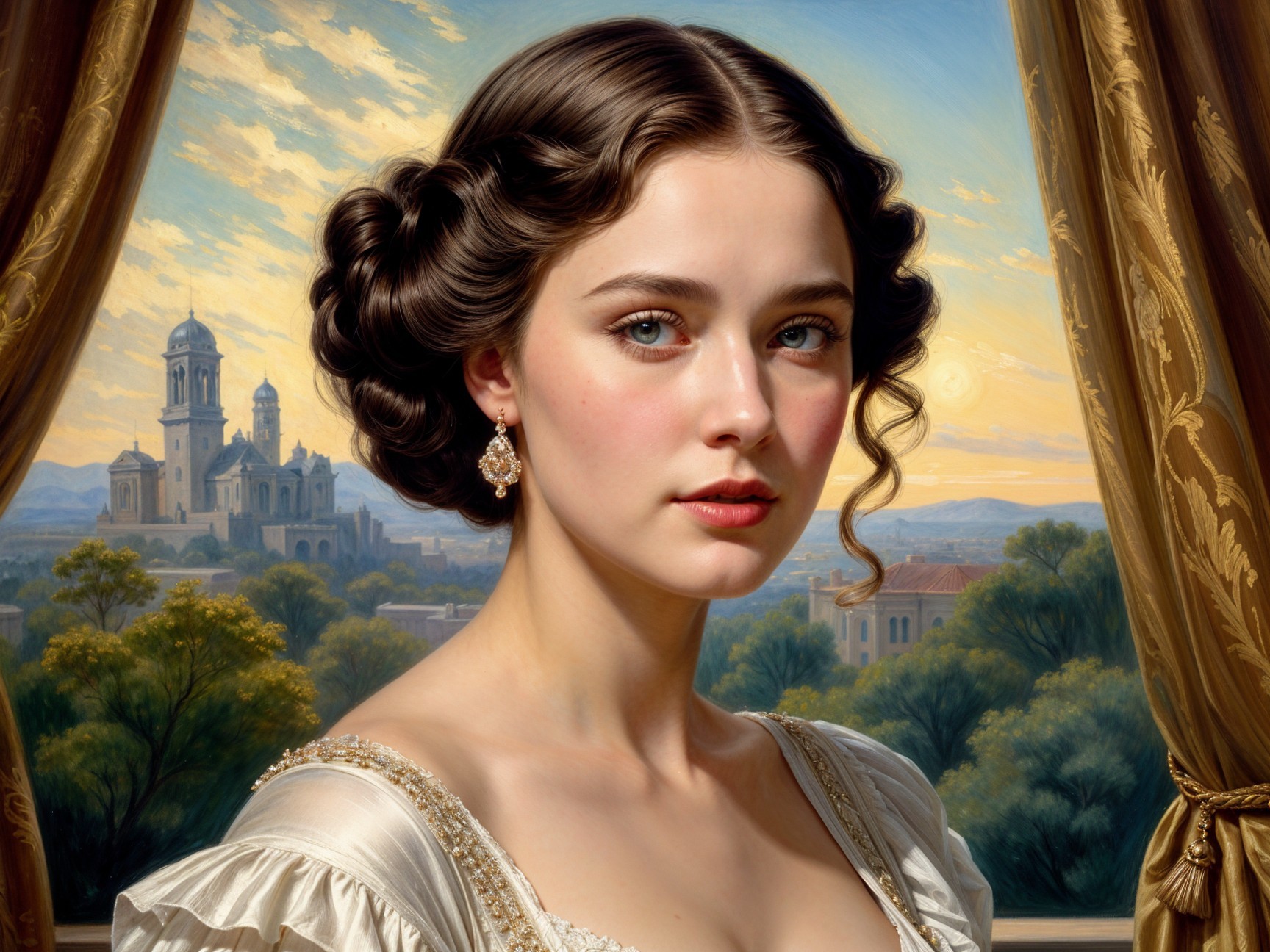 Elegant Woman in Classic Gown with Scenic Background