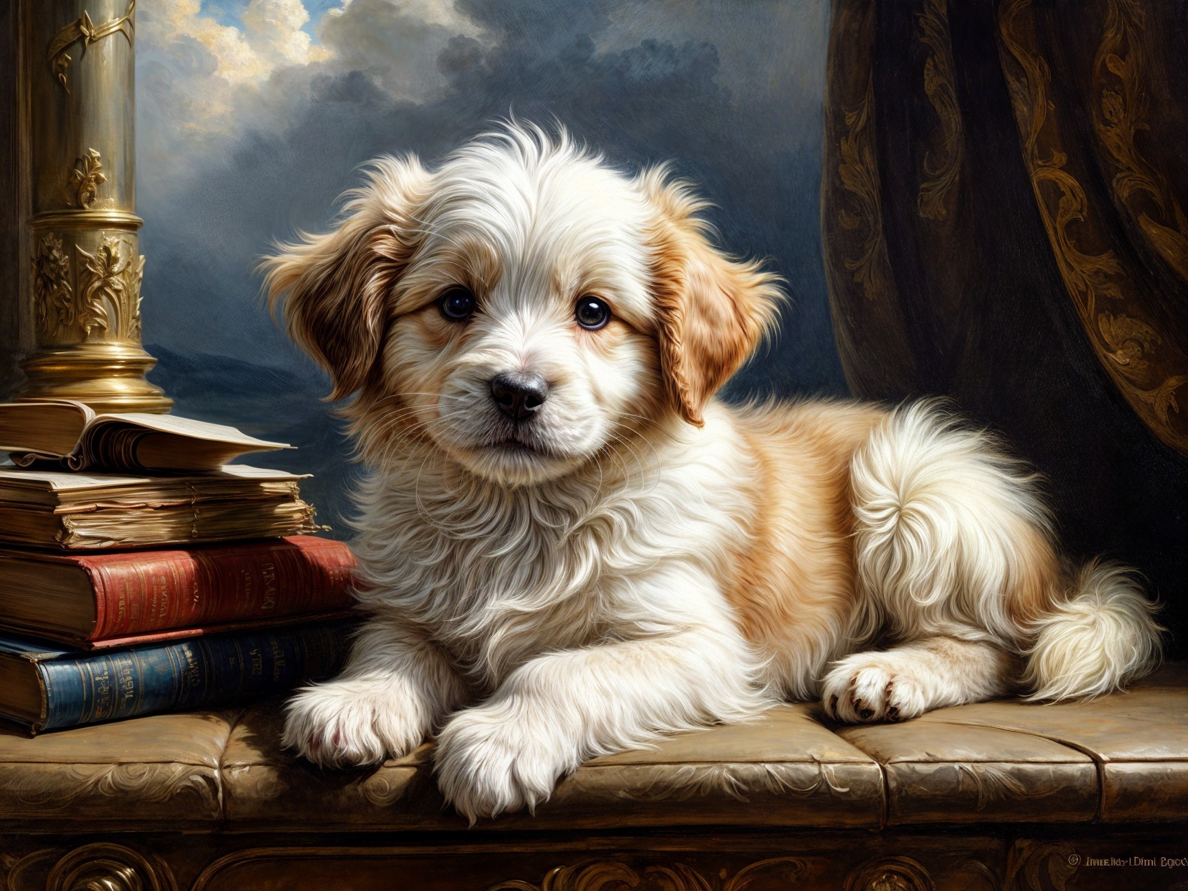 Fluffy Puppy Resting on Ornate Table with Books