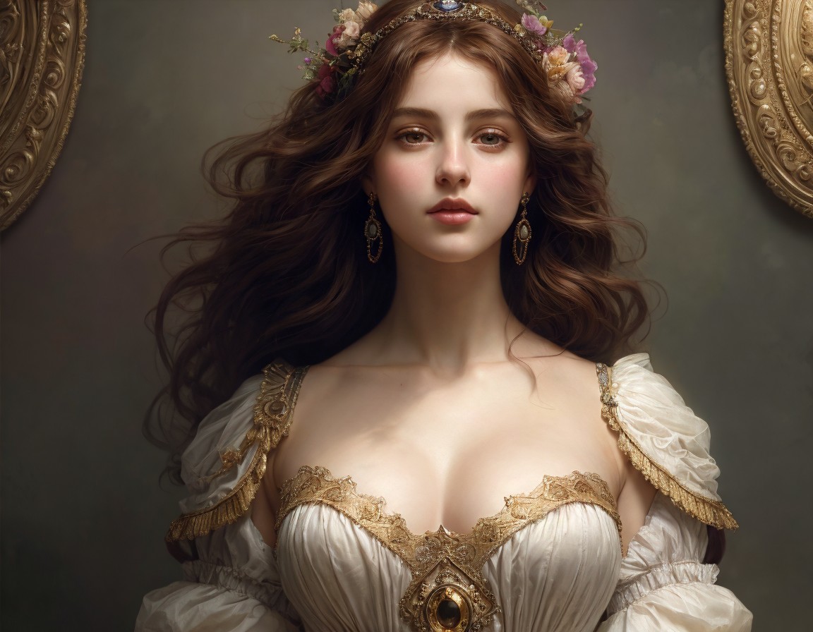 Elegant Young Woman in Flower Adorned Gown