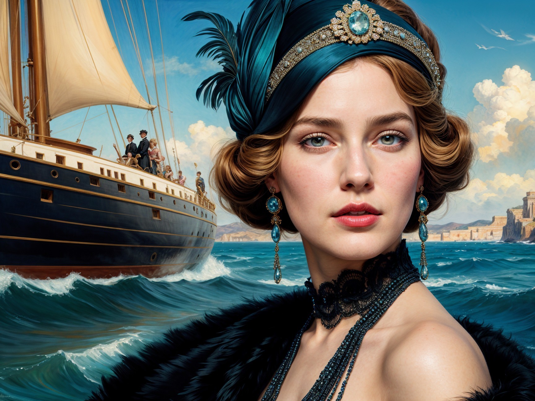 Glamorous Woman with Teal Headband and Sailing Ship