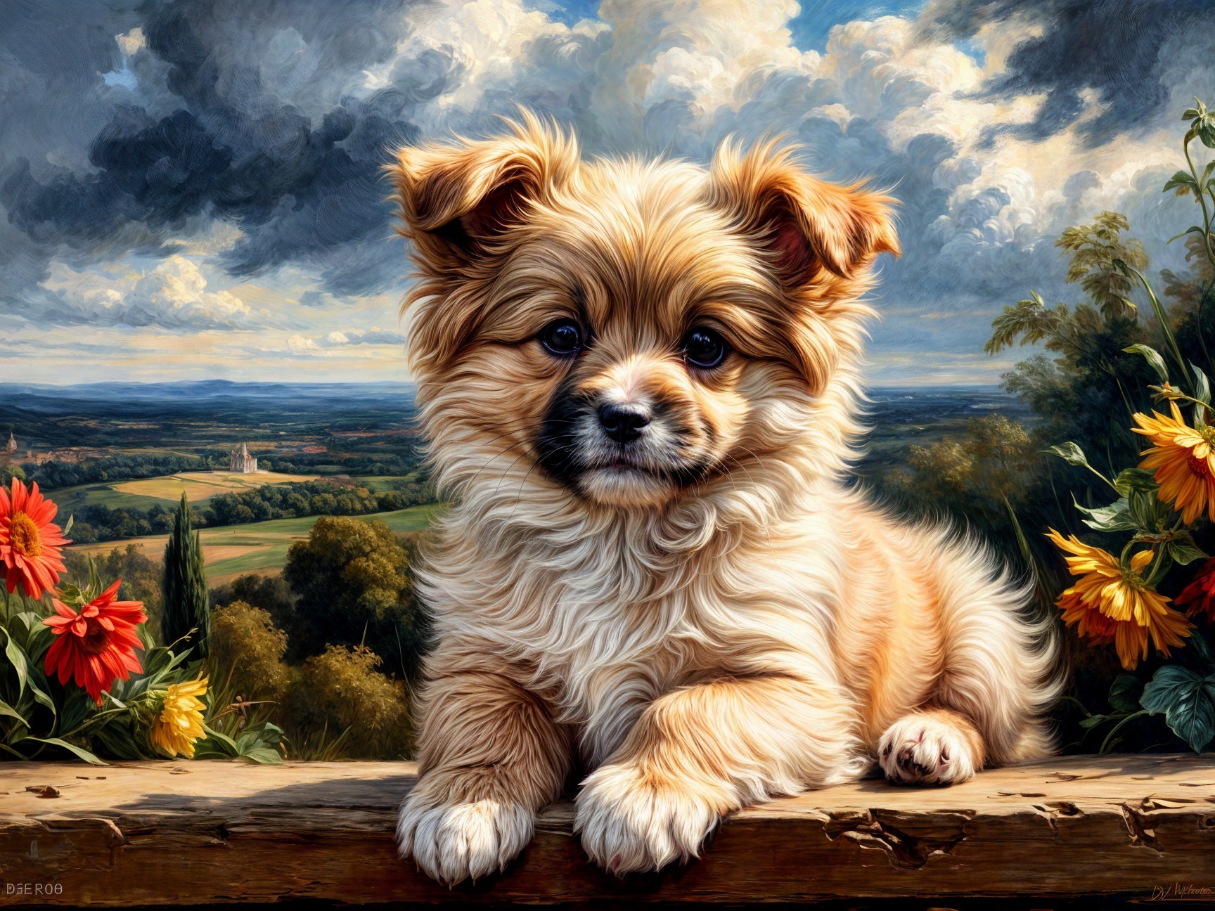 Fluffy Golden-Brown Puppy on Wooden Fence with Flowers